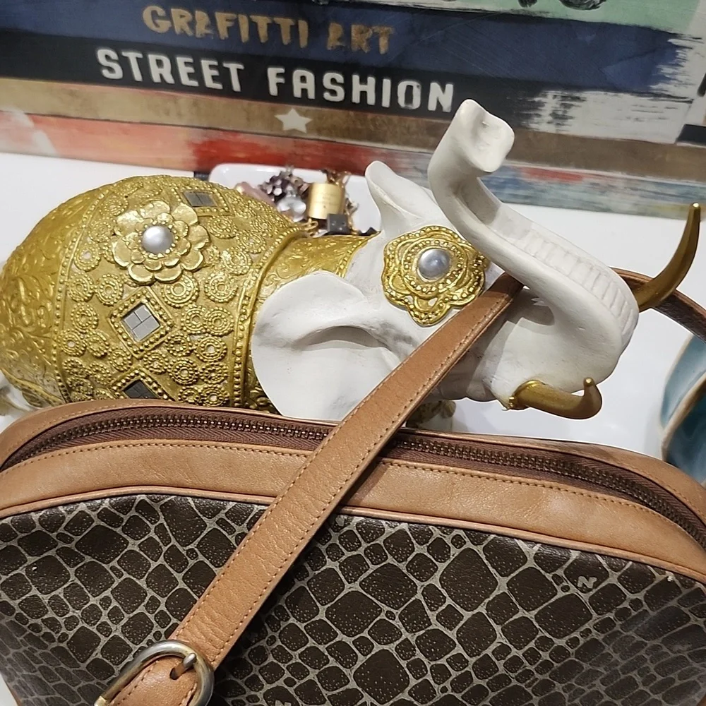 Nina Ricci Signature Logo Handbag Shoulder Bag Leather Tan Brown Animal Vtg Rare